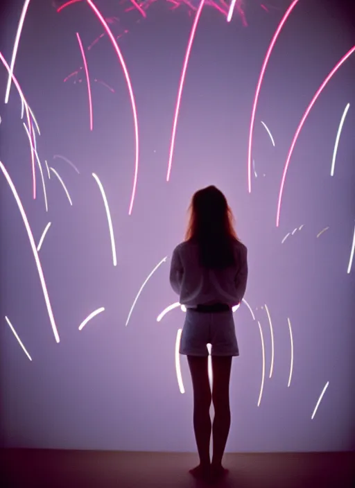 Image similar to realistic photo portrait of a a girl dressed in white shorts, watching at glowing disks flying in a grey sky, covered with tesla electricity, 1 9 9 0, life magazine photo, natural colors, museum collection, kodak