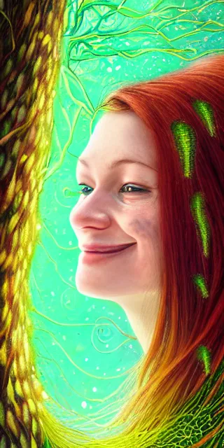 Prompt: infp young woman, smiling amazed, golden fireflies lights, sitting in the midst of nature fully covered, long loose red hair, intricate linework, bright accurate green eyes, small nose with freckles, oval shape face, realistic, expressive emotions, dramatic lights spiritual scene, hyper realistic ultrafine art by michael cheval, jessica rossier, boris vallejo