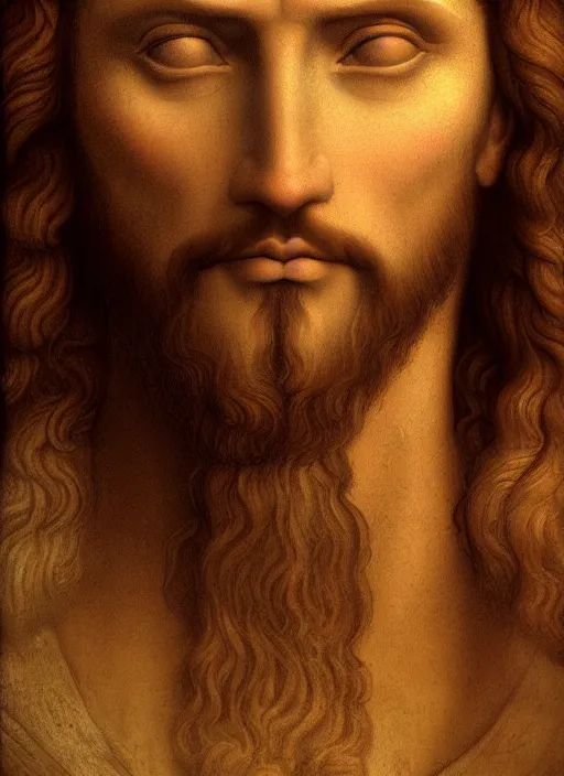 Image similar to jesus christ face, depiction of jesus, holy cross, 8 k, boticelli, an amazing portrait of jesus, leonardo da vinci, mattepainting, cryengine, artstation, heaven color scheme, holy lights