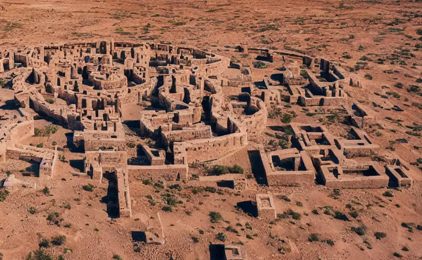 Image similar to high quality 2000s historic footage of gigantic labyrinth in the desert buildings in liminal space style and megalith, color aerial photo drone, Cinestill 800t, heavy grainy picture, very detailed, high quality, 4k panoramic