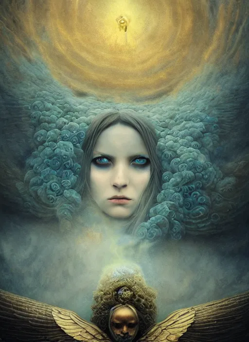 Prompt: Her huge ominous glowing blue eyes staring into my soul , perfect eyes, agostino arrivabene, WLOP, Tomasz strzalkowski, twisted dark lucid dream, 8k portrait render, raven angel wings, swirling thick smoke , beautiful lighting, dark fantasy art, rococo, gold filigree, cgsociety