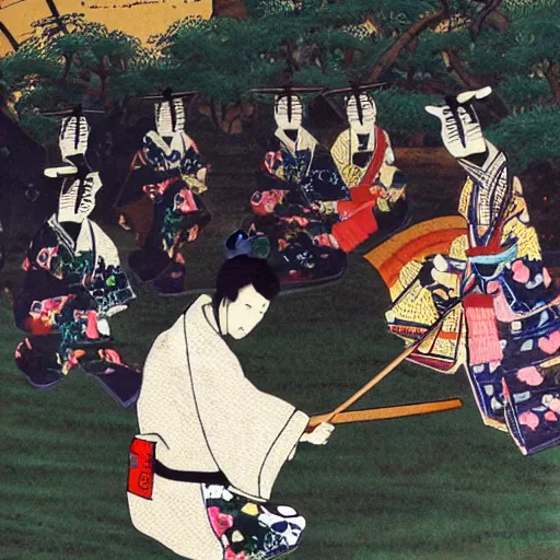 Image similar to a samurai at a tea party