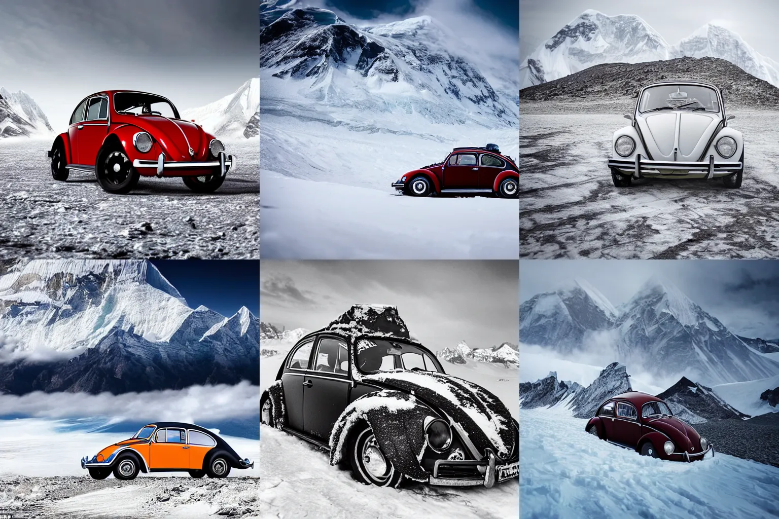 Prompt: extreme long shot of a 1970 vw beetle standing on mount everest, award winning photo, snow, high detail, desolate, atmospheric, 8k