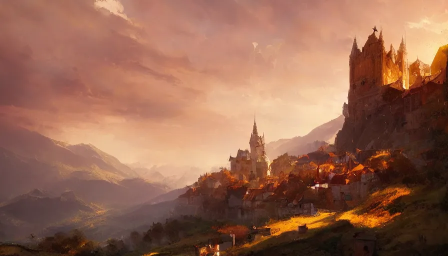 Prompt: a beautiful establishing shot of the duchy of toussaint, warm colors by greg rutkowski and kalin popov, trending on artstation, masterpiece,