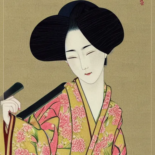 Image similar to geisha girl by ikenaga yasunari and ayana otake and ko rakusui, drawing, realistic, sharp focus, japanese, dreamy, nostalgia, faded, golden hues, floral clothes