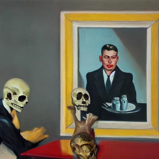 Image similar to a 1 9 5 0 ad for a diner with a portrait painting of a man with a skull as his head is sitting alone on a table, in the style of edward hopper, 4 k,