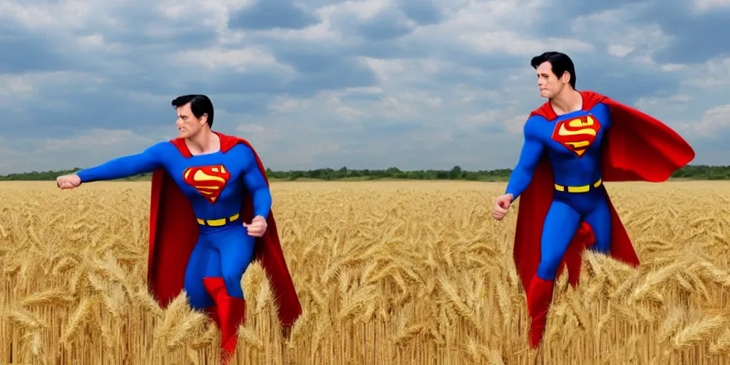 Image similar to superman is cutting wheat in a wheat field