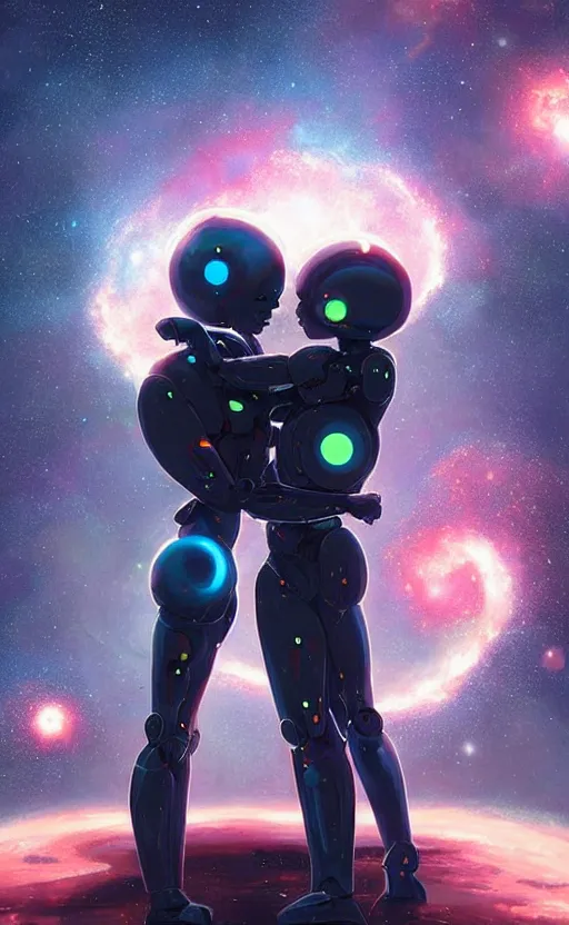 Image similar to digital painting of two humanoid robots hugging each other, supernova in the background, cosmic and stars and planets and galaxy, stunning, surreal, cinematic lighting, concept art by greg rutkowski and simon stalenhag