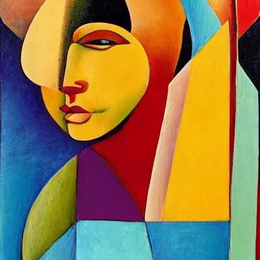 Image similar to woman in glorious robes rose up vast as the skies, old as the mountains and formless as starlight to shelter the precious memories, matter, messages, abstract art in the style of cubism and georgia o keefe