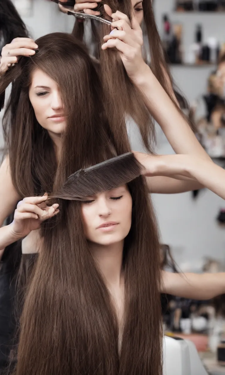 Prompt: woman with long hair getting haircut, studio, hair blog