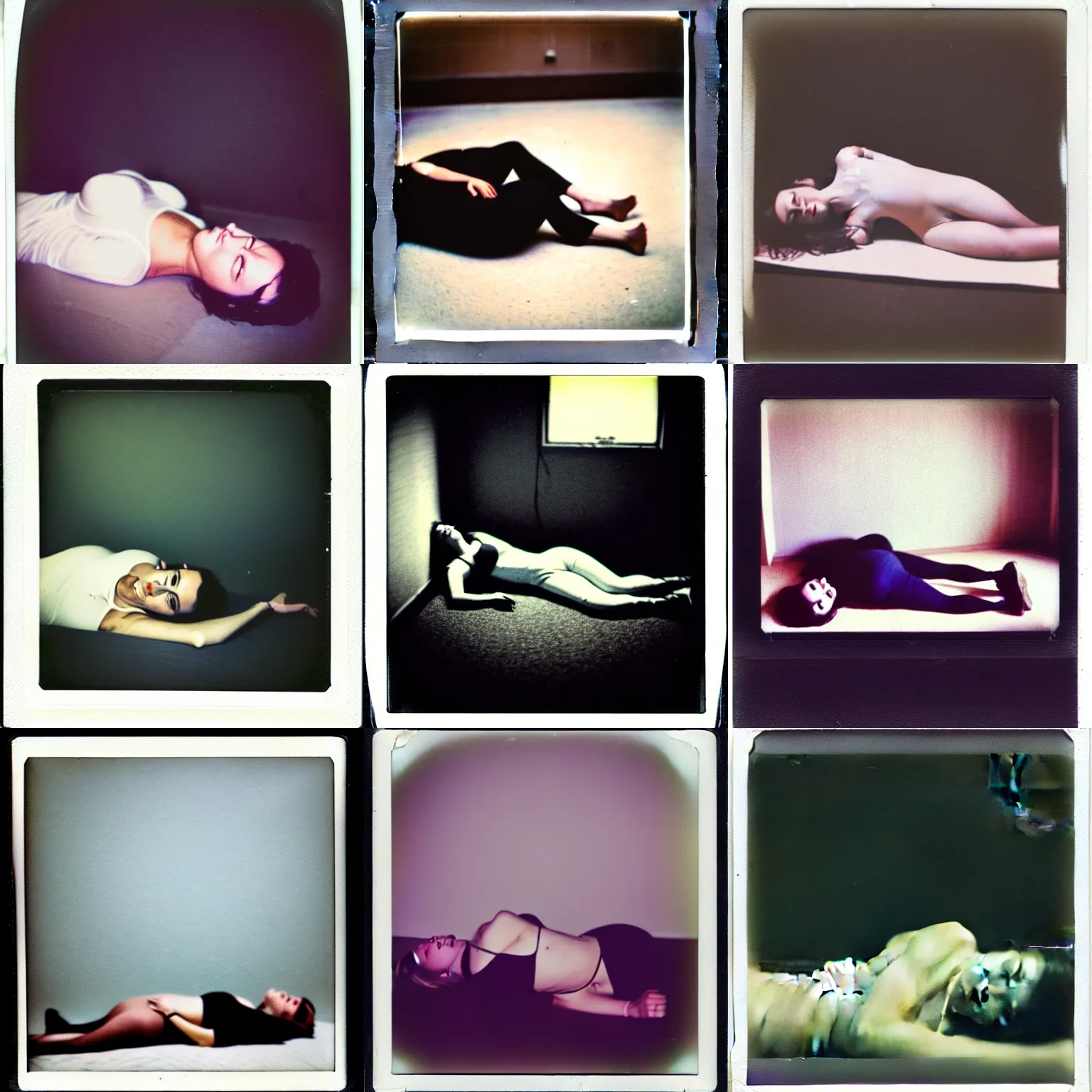 Prompt: a Polaroid photo of a woman lying in a liminal space