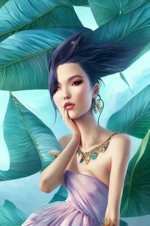 Image similar to a beautiful fashion goddness of love, chic strapless dress, tropical sea background, character design, in the style of artgerm, and wlop, cinematic lighting, hyperdetailed, 8 k realistic, symmetrical, global illumination, radiant light, frostbite 3 engine, cryengine, dof, trending on artstation, digital art