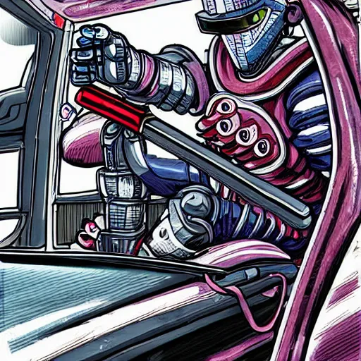 Image similar to beautiful hyper-detailed full colour manga illustration of a robot ninja warrior with a sword, driving through the city, in a modified Nissan skyline r34, cyberpunk, dystopian