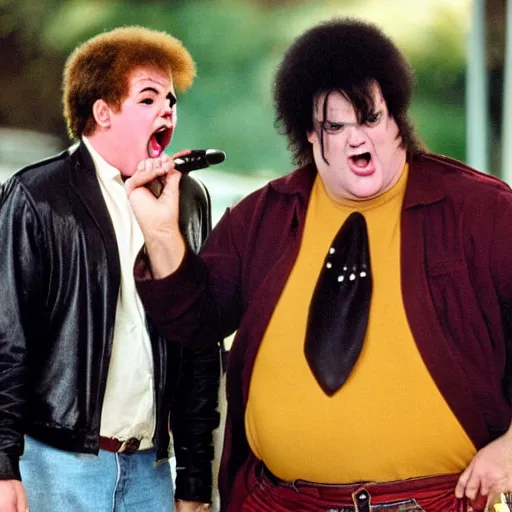 Prompt: mad michael jackson yelling at sad chris farley for messing up his bob ross painting