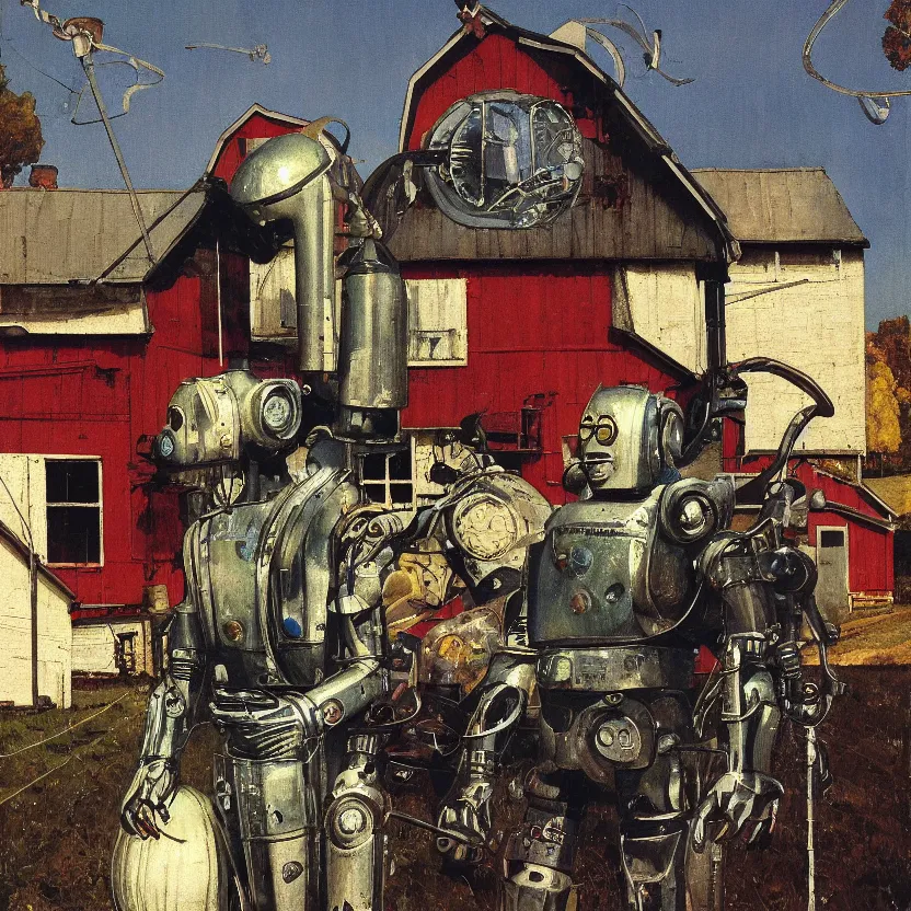 Image similar to portrait painting of a robot made of shiny reflective chrome in front of a barn and farm, painted by norman rockwell. agricultural scene. pulp sci - fi art for omni magazine. high contrast. baroque period, oil on canvas. renaissance masterpiece. trending on artstation. retrofuturism.