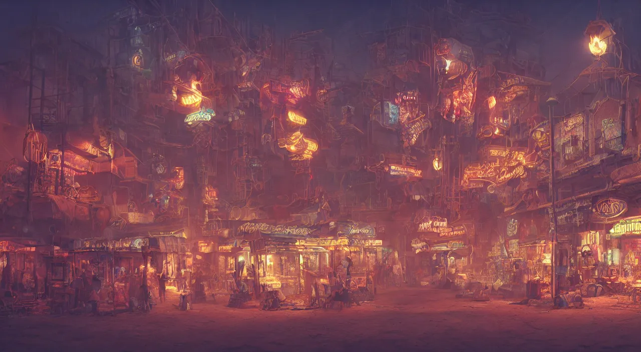 Prompt: a steampunk village in the desert at night, junk everywhere, neon lights, neon signs, magical atmosphere, mist, steam, photo realistic, 35mm, Matte painting, octane render, 8k, corona render, movie concept art by albert kiefer