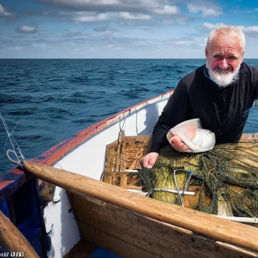 Prompt: captain birdseye stood on the back of a fishing boat disappointingly looking at empty nets, wide angle