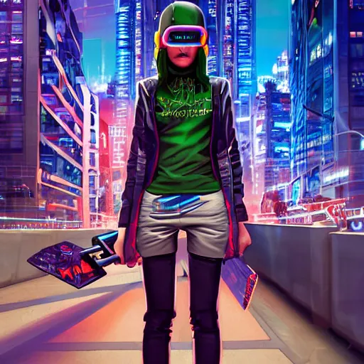 Image similar to symmetrical, full body portrait of a cyberpunk teenage girl on a futuristic skateboard holding a parcel under one arm and a magnetic harpoon in her opposite hand, grinning slyly, City lighting, depth of field, photography, saturated colors, highly detailed, by Stanley Artgerm Lau, WLOP, Rossdraws, James Jean, Andrei Riabovitchev, Marc Simonetti, and Sakimichan, 4k resolution