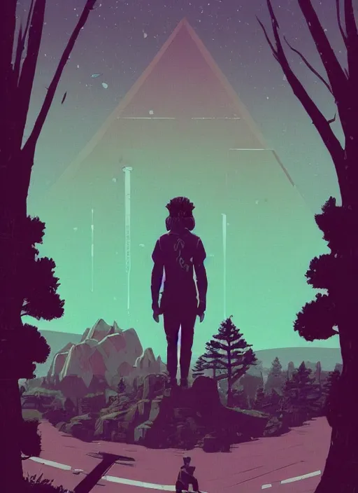 Prompt: a transparent glass indie game poster of a cyberpunk explorer meditating next to a giant sentient triangular monolith in a forest, risograph by laurie greasley, kawase hasui, josan gonzalez, pascal blanche and edward hopper, colourful flat surreal design, in the style of oxenfree, super detailed, a lot of tiny details, fullshot