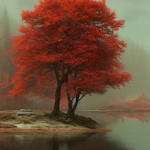 Prompt: A single red tree on a small island in a mountain lake, surrounded by a snow/covered forest, fantasy art by Greg Rutkowski