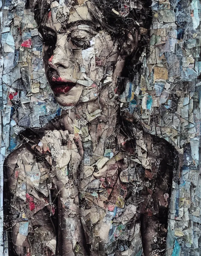 Prompt: weeping languid extasy detailed mixed media collage with canvas texture in style of contemporary art, punk art, realistic beautiful face, photorealism, expressionism, masterpiece, perfect composition, spectacular quality, intricate oil details, broken glass photo, torn paper intricate texture