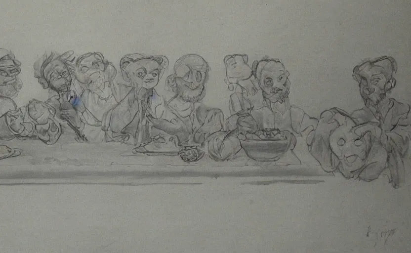 Image similar to last supper, drawn by a 5 year old detailed, sketh