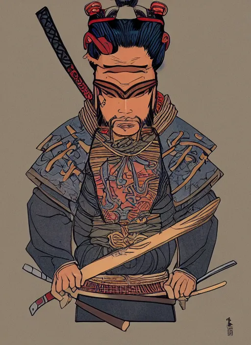 Image similar to Samurai, in the style of Sam Guay and James Jean, flat illustration, trending on artstation