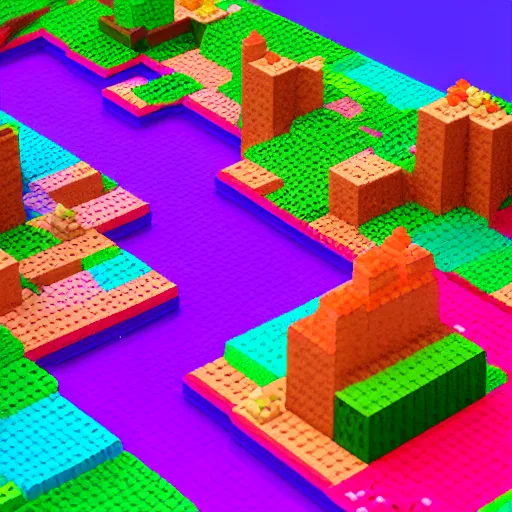 Prompt: a fantasy colorful landscape, rendered as voxels