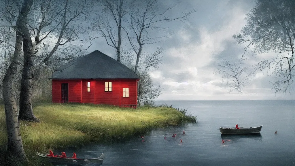 Prompt: “ small red wooden cottage by the lake, lanterns on the porch, smoke coming out of the chimney, dusk, birch trees, tranquility, two swans swimming on the lake, a wooden rowing boat, cumulus clouds, by charlie bowater, by greg rutkowski ”