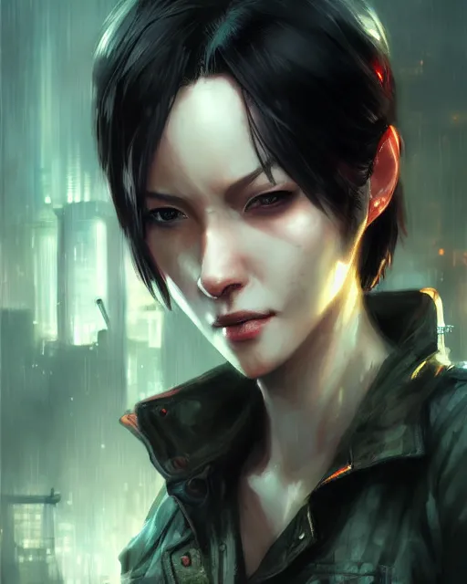 Image similar to battle hardened, sly, cunning, rugged ada wong, face centered portrait, confident, ruined cityscape, zombies, fog, rain, volumetric lighting, soft light particles floating near her, illustration, perfectly shaded, soft painting, art by krenz cushart and wenjun lin