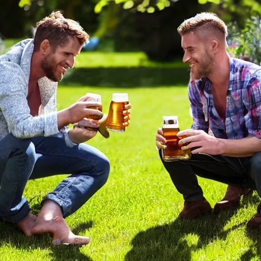 Image similar to 2 mates drinking beer in garden