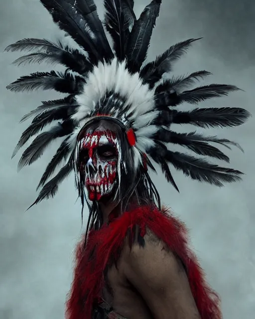 Image similar to the ghost - spirit of the grim - warpaint wears the scarlet skull armor and native blood headdress feathers, midnight fog - mist!, dark oil painting colors, realism, cinematic lighting, various refining methods, micro macro autofocus, ultra definition, award winning photo