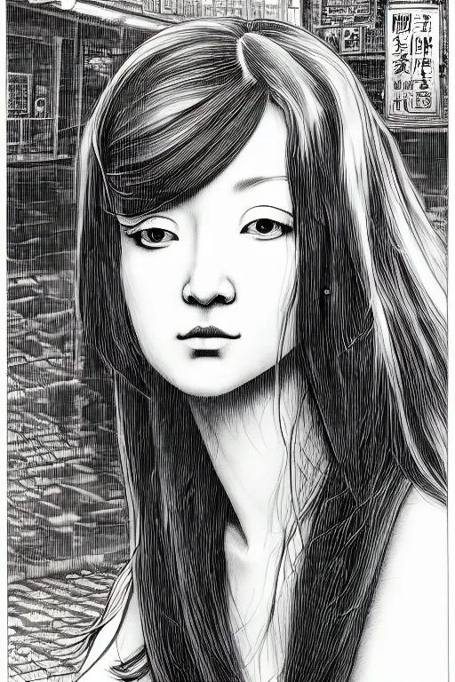 Image similar to beautiful portrait of a woman, negative no not mona lisa pose, highly detailed ink illustration of a dark alley of taipei, b & w clean shaped illustration by kim jung gi, ric estrada, ron english and eiichiro oda