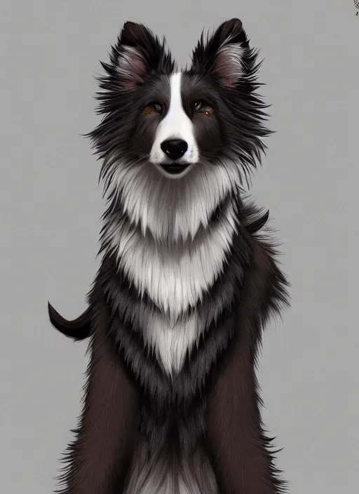 Image similar to wide angle beautiful full body portrait of a strong male anthropomorphic anthro border collie fursona, furry art, furaffinity, beautiful, glamor pose, detailed, aesthetic, trending on artstation