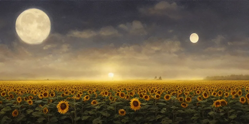 Image similar to A hyper realistic oil painting of a sunflower field at night, gentle light of the moon, high contrast, clouds in the sky, mist in the distance, by Greg Rutkowski, trending on artstation