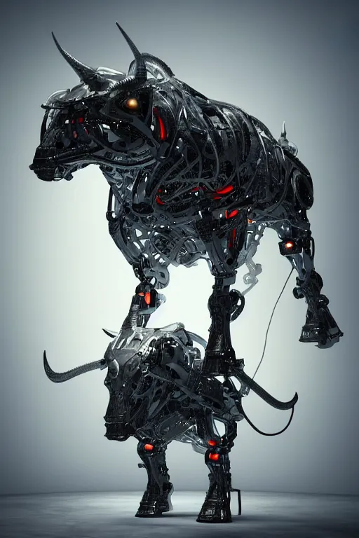 Image similar to a full body shot of a cyborg ( bull ) modeled after a bull looking into the camera, android, cyborg, full body shot, intricate, 3 d, hyper realism, fantasy, depth of field, octane render, symmetrical, highly detailed, digital art, artstation, concept art, cinematic lighting, trending