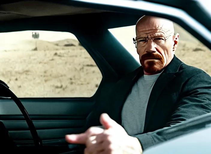 Prompt: film still of walter white as dominic toretto in furious 7 movie ( 2 0 1 5 ), 8 k, cinematic, rule of thirds