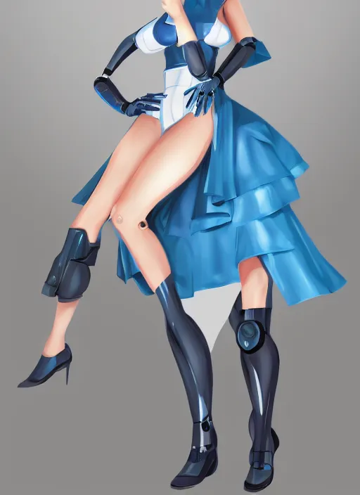 Image similar to a robot wearing a maid dress, blue dress, stripped thigh high, full body shot, highly detailed, digital painting, artstation, concept art, smooth, sharp focus, illustration