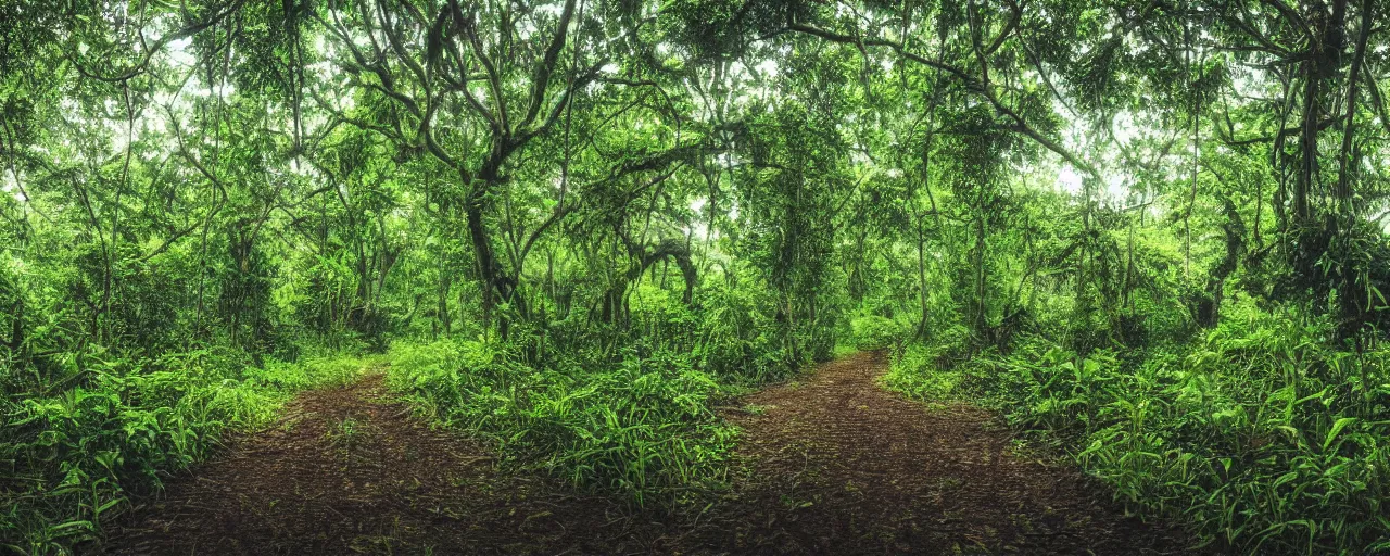 Prompt: photo of a jungle with large trees and vines, mud, puddles, foliage, realistic