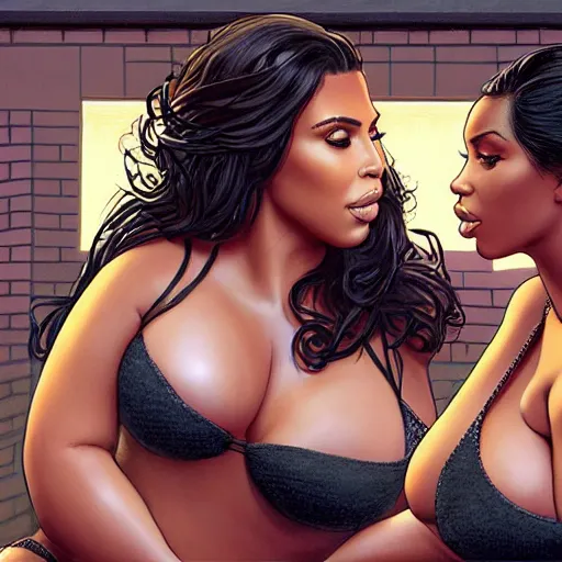 Prompt: 2 curvy women embrace, kim Kardashian and a young black woman wearing bikini, on apartment rooftop overlooking harlem, 2 black girls kissing, D&D, fantasy, portrait, highly detailed, digital painting, artstation, concept art, sharp focus, illustration, art by artgerm and greg rutkowski and alphonse mucha, 16k resolution