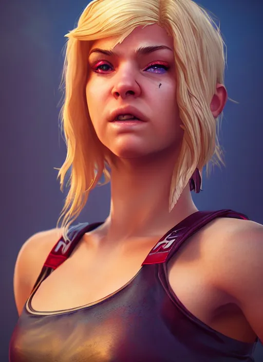 Image similar to An epic fantasy comic book style portrait painting of an athletic female thief with blonde hair dancing, unreal 5, DAZ, hyperrealistic, octane render, cosplay, RPG portrait, dynamic lighting, high detail