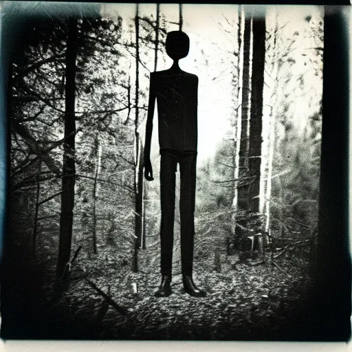 Prompt: Slenderman in the woods, old polaroid photography, grainy film, black and white