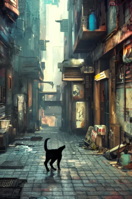 Image similar to stray cat walking through the alleys of a cyberpunk city, realistic, cinematic, ambient, unreal engine