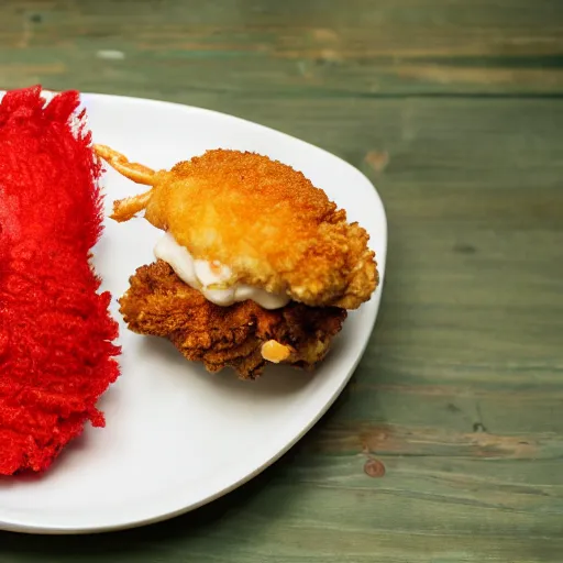 Prompt: a fried chicken milkshake with the kfc logo, next to a shrimp wearing a little red dress on a plate, food photography, studio lighting, hyper realistic, sharp focus, hyper - realistic, 8 k resolution