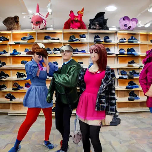 Prompt: a photograph of people badly cosplaying as animals, they have a disappointed look on their face, they are in a shoe store with long store isles, 50mm