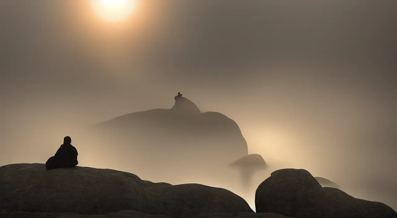 Image similar to matthew snowden painting style a lonely silhouette of a meditating monk sitting in the fog on a stone protruding from the water in the rays of the morning sun, the focus of the camera on the monk.