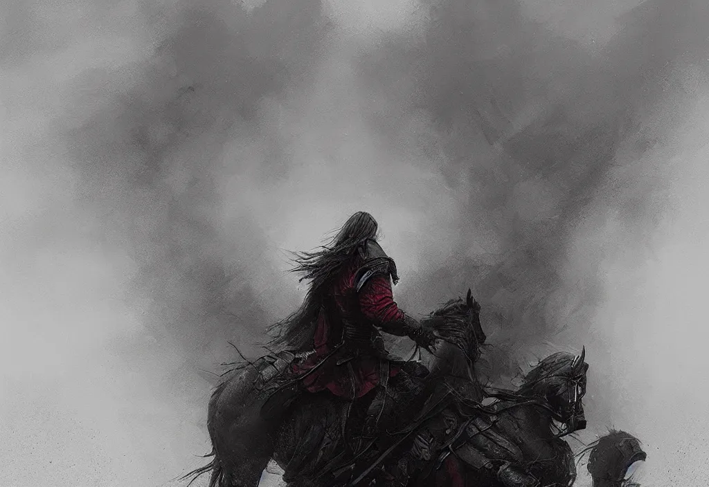 Prompt: rhaegar targaryen, foggy, rain, gloomy, mysterious, artstation, jakub rozalski, high detail, dramatic lighting