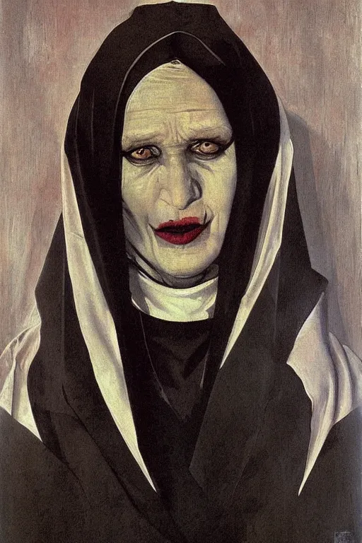 Prompt: portrait, vampire nun, art by jacek malczewski