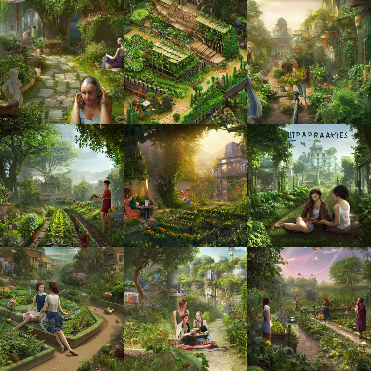 Prompt: Utopia, old roads are transformed into gardens growing fruits and vegetables, Vivianne and Erika are reading philosophy, solarpunk, futuristic, close-up, 8K, very beautiful, stunning, calm atmosphere, detailed