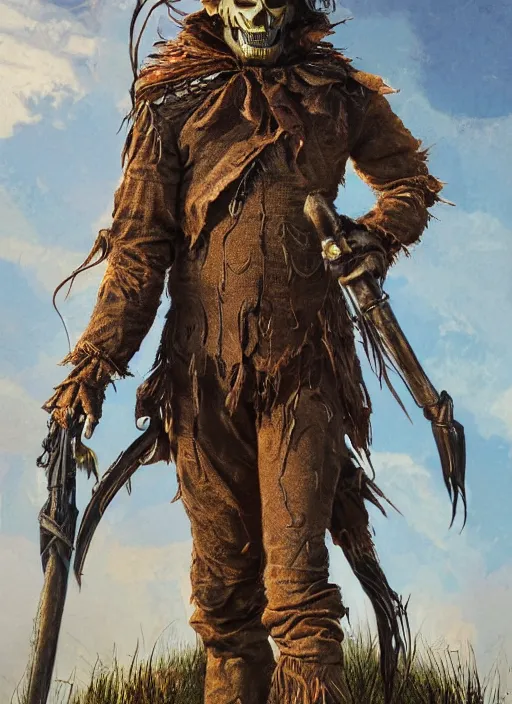 Image similar to powerful male scarecrow, willem dafoe as scarecrow, land of oz, full body character concept, covered in full leather armor, art nouveau, super powers, fantasy, intricate, elegant, highly detailed, digital painting, artstation, concept art, shining, sharp focus, illustration, art by stanley lau